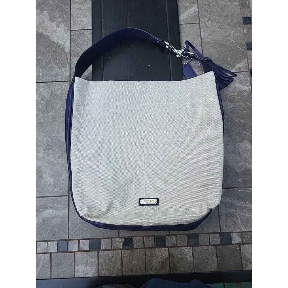 Authentic Coach Avery Natural Canvas & Indigo Leather Shoulder Bag, Hobo F28911